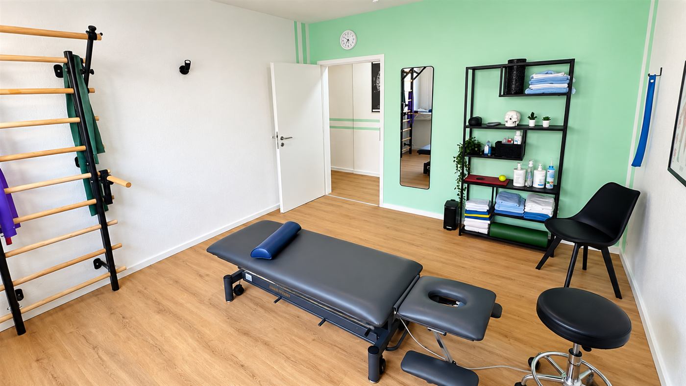 Behandlungsraum mit Spiegel und Therapieliege